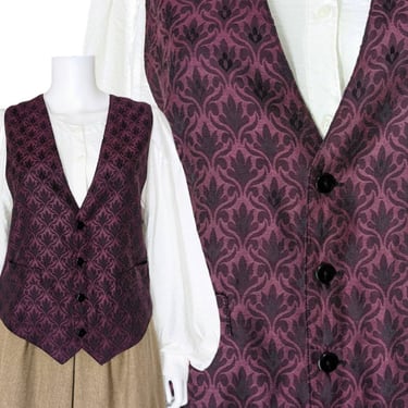 Vintage Jacquard Vest, Medium / Women's Renaissance Vest / 1990s Button Vest / Purple Steampunk Vest / Vintage Fitted Waistcoat 