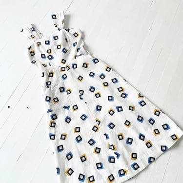 1940s Geometric Box Print Textured White Cotton Sundress 