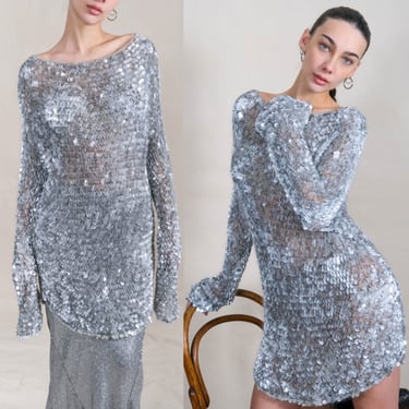 Vintage 90s Silver Sequined Mohair Cashmere Blend Mesh Knit Mini Sweater Dress | 1990s Y2K Designer Glamorous Sequined Tunic Sweater Dress 