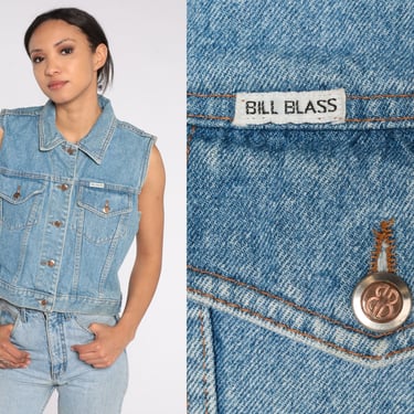 Cropped Denim Vest 90s Blue Jean Shirt Bill Blass Sleeveless Jean Jacket Biker Top Grunge Hipster Button Up Crop Top Vintage 1990s Medium M 