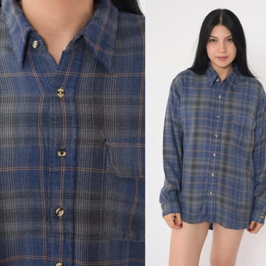 Blue Flannel Shirt Y2K Grey Plaid Button Up Shirt Grunge Boyfriend Top Lumberjack Long Sleeve Collared Streetwear Vintage 00s Large 