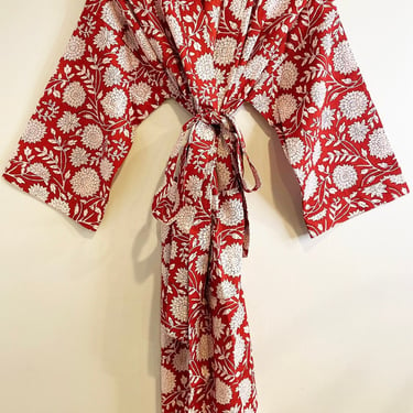 Hand Block Print Kimono Robe, Cotton Bathrobe, Lightweight Cotton Robe, Cotton Dressing Gown, Red Kimono, Wood Block Printed, Floral Robe 