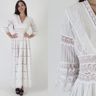 White Mexican Wedding Pintuck Maxi Dress / South American Crochet Lace Gown / Vintage Ethnic Angel Bell Sleeves 