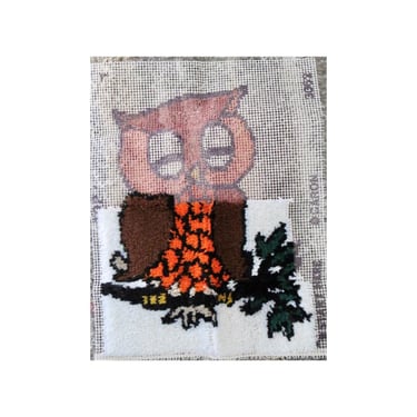 Vintage Owl Latch Hook Kit - Caron Sleeping Owl Design - 1970s 70s Groovy Retro Rug - Partially Complete 