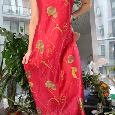 Vintage Red Floral Silk Dress