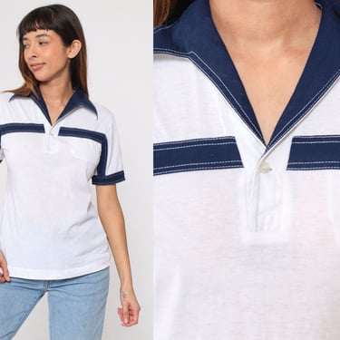 Striped Polo Shirt 70s Collared T-Shirt White Navy Blue Retro Topstitch Short Sleeve Dagger Collar Seventies Button Up Vintage 1970s Small 