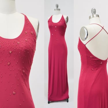 Vintage 00s Y2K Pink Tank Dress Prom Dress Beaded Pink Knit Gown Cami Dress XS Small Pink Long Beaded Dress by Laundry Evening Gown Xs Small 