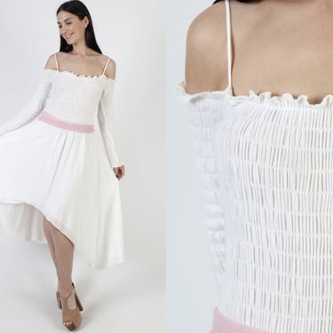 Hi Lo Hem Gauze Dress Vintage Stretchy Cotton Asymmetrical Sundress Spaghetti Strap Monochrome Mermaid Dress 
