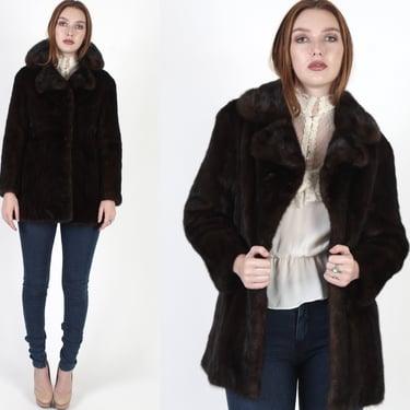 Womens Fur Back Collar Mink Coat, Vintage 70s Mahogany Mink Fur Jacket, Luxurious Natural Dark Brown Plush Fur Sz S 