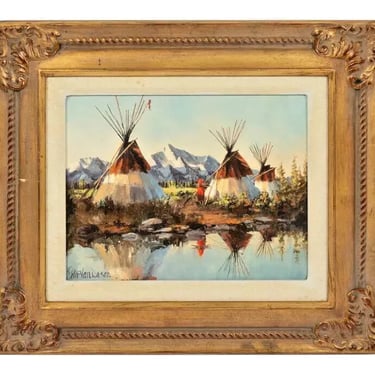 Oil Painting on Canvas, Signed Peter Van Dusen (Amer., bd. 1929) "Three Teepees"