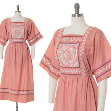 Vintage 1970s Maxi Dress | 70s Hand-Quilted Appliqué Dusty Pink Cotton Tie Waist Boxy Wide Sleeve Southwestern Day Dress (medium/large) 
