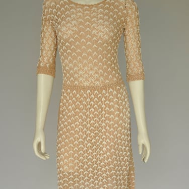 vintage 1960s tan & white hand beaded dress XS-M 