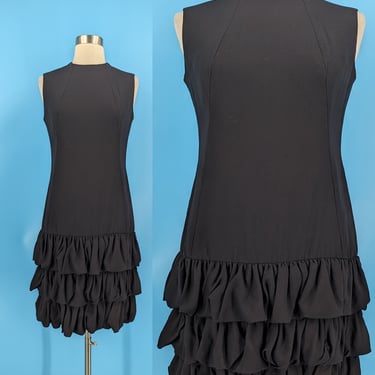 Sixties XS Junior Aim Black Sleeveless Dropwaist Party Dress - 60s Ruffle Bottom Sheath Dress 