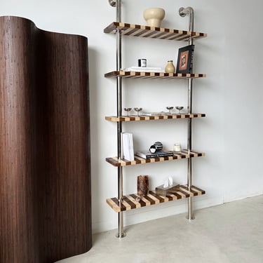 CHROME PIPE & STRIPED WOOD WALL MOUNT BOOKSHELF