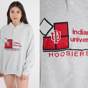 Indiana University Sweatshirt 80s Henley Sweatshirt Hoosiers College Graphic Shirt Grey Pullover Crewneck IU Button up Vintage 1980s Large L 