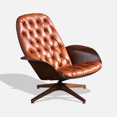 George Mulhauser &quot;Mr. Chair&quot; Cognac Leather Swivel Chair for Plycraft