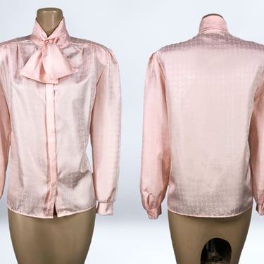 VINTAGE 80s Peachy Pink Geometric Satin Pussy Bow Blouse by Orare | 1980s Bishop Sleeve Button Ascot blouse | vfg 