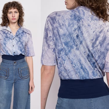 70s Blue Abstract Polo Crop Top - Medium | Vintage Novelty Print Short Sleeve Collared Shirt 