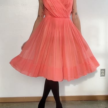 Coral Chiffon 60s Party Dress (S)