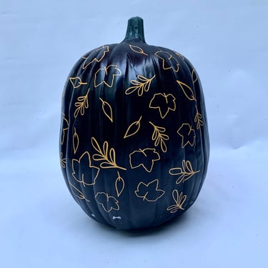 Black Pumpkin with Gold Leaves