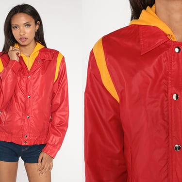 Red Windbreaker Jacket 80s Yellow Attached Hood Sweatshirt 2fer Jacket Snap Up Jacket Plain Hooded Vintage Hoodie 1980s Sportswear Small S 