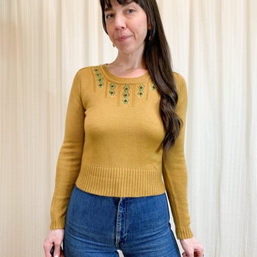 70s camel knit sweater with embroidered flowers 