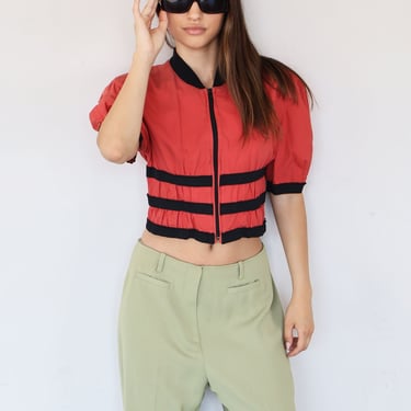 Vintage PLEIN SUD by Galliano 90s Red Puff Sleeve Ruched Tip Front Crop Top with Ribbed Knit Collar + Panels sz XS S M Red Black 