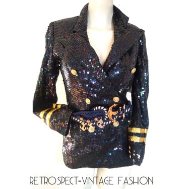 SEQUIN military jacket VINTAGE band jacket statment jacket navy blue gold dress coat unisex coat Mens womens vintage size s m 