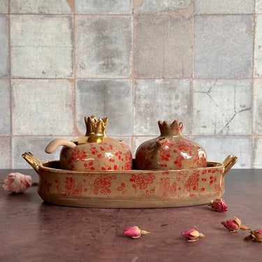 Ceramic Pomegranate sugar bowl and creamer set with tray 