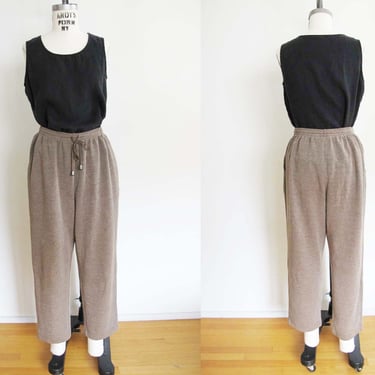 Vintage 90s Beige Brown Ribbed Sweatpants M - 1990s Minimalist Neutral Drawstring Elastic Waist Cotton Lounge Pants 