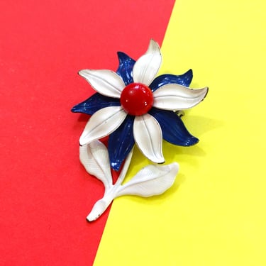 Cute Vintage 60s 70s Red, White & Blue Stemmed Flower Brooch 