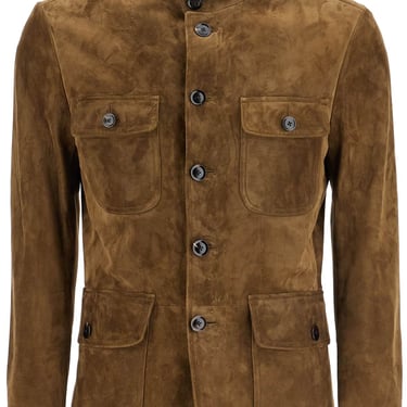 Tom Ford Khaki High Collar Leather Military Jacket Men