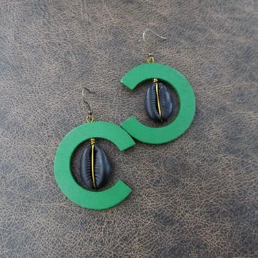 Cowrie shell earrings, large wooden earrings, black and green earrings 