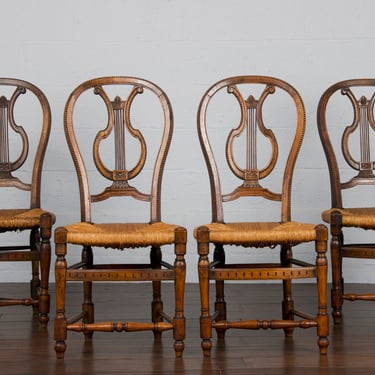 19th Century French Parisian Lyre Back Walnut Rush Side Chairs By Maison Krieger - Set of 4 