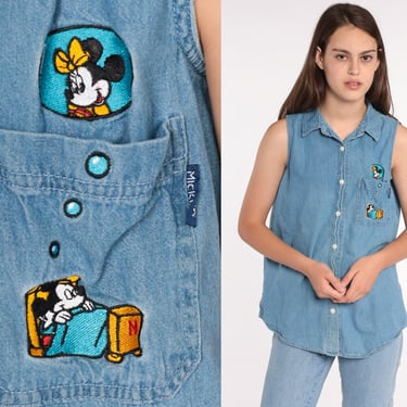 Mickey and Minnie Shirt Disney Shirt Denim Tank Top Mickey Mouse Unlimited Button Up Vintage 90s Jean Shirt Blue Medium 