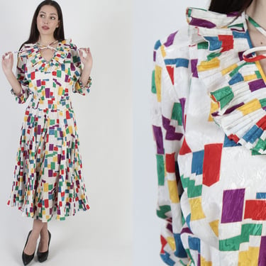 80s Mosaic Brand Ruffle Dress / Colorful Rainbow Confetti Print / Georgette Style Evening Party Dress / Tassel Tie Neckline 