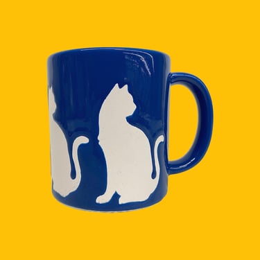 Vintage Cat Mug Retro 1980s Japanese + Ceramics + Blue and White + White Cat + Coffee or Tea + Kitchen + Drinking + Made in Japan 