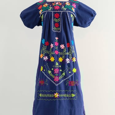 Vintage 1970's Colorful Navy Mexican Huipil Style Dress / ML