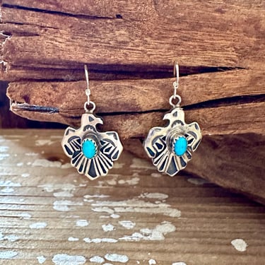 ROBERTA BEGAY Running Bear Sterling Silver & Turquoise Thunderbird Earrings | Fred Harvey Era Style | Bird Dangle | Native American Navajo 