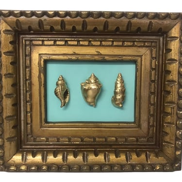 Vintage Gold Ornate Framed Genuine Gold Dipped Seashells | Boho Chic Beach House Wall Art | 13x11 
