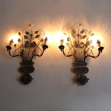 Pair of Vintage Maison Baguès Paris Wall Sconces French Couple Grystal and Iron Wall Lights Flowers and Leaves Early 20th Century 