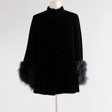 Vintage 1960's I.Magnin Black Velvet Evening Jacket with Ostrich Feather Cuffs / M