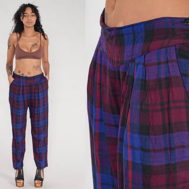 90s Plaid Pants Purple Blue Checkered Trousers Pleated Tapered Leg High Waisted Punk Preppy 1990s Vintage Rayon Medium Large 