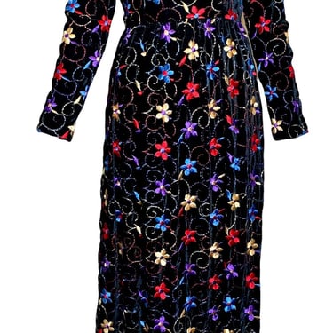 Oscar de la Renta Boutique 70s Black Velvet Rainbow Floral Embroidered Gown