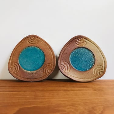 Vintage studio pottery coasters / handmade turquoise blue glazed drink coasters / earthy ceramic boho decor 