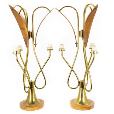 Nomina Organica Mid Century Brass Walnut Lamps - Pair - mcm 