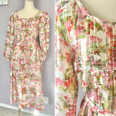Cotton Floral Dress, Pleated Bodice, Semi Sheer, Cotton Poly, Side Pockets, Vintage 