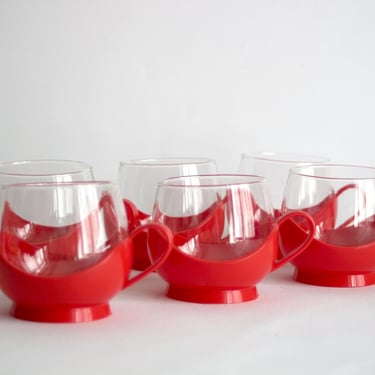 MELITTA GERMANY Set of 6 red glass tumblers for tea or coffee with plastic handles - 60s / 70s 