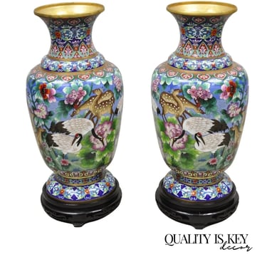 Vintage Chinese Cloisonné Porcelain Enamel Figural Crane and Deer Vase - a Pair