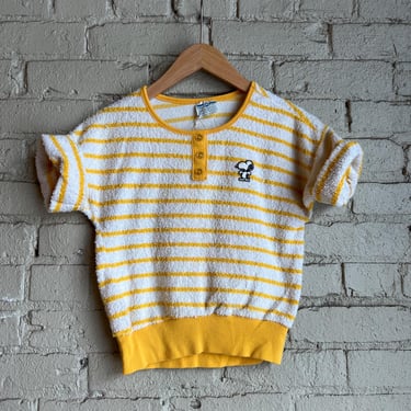 XS SM, Vintage 1970s Striped Short Sleeve Snoopy Terry Cloth Shirt, Yellow 